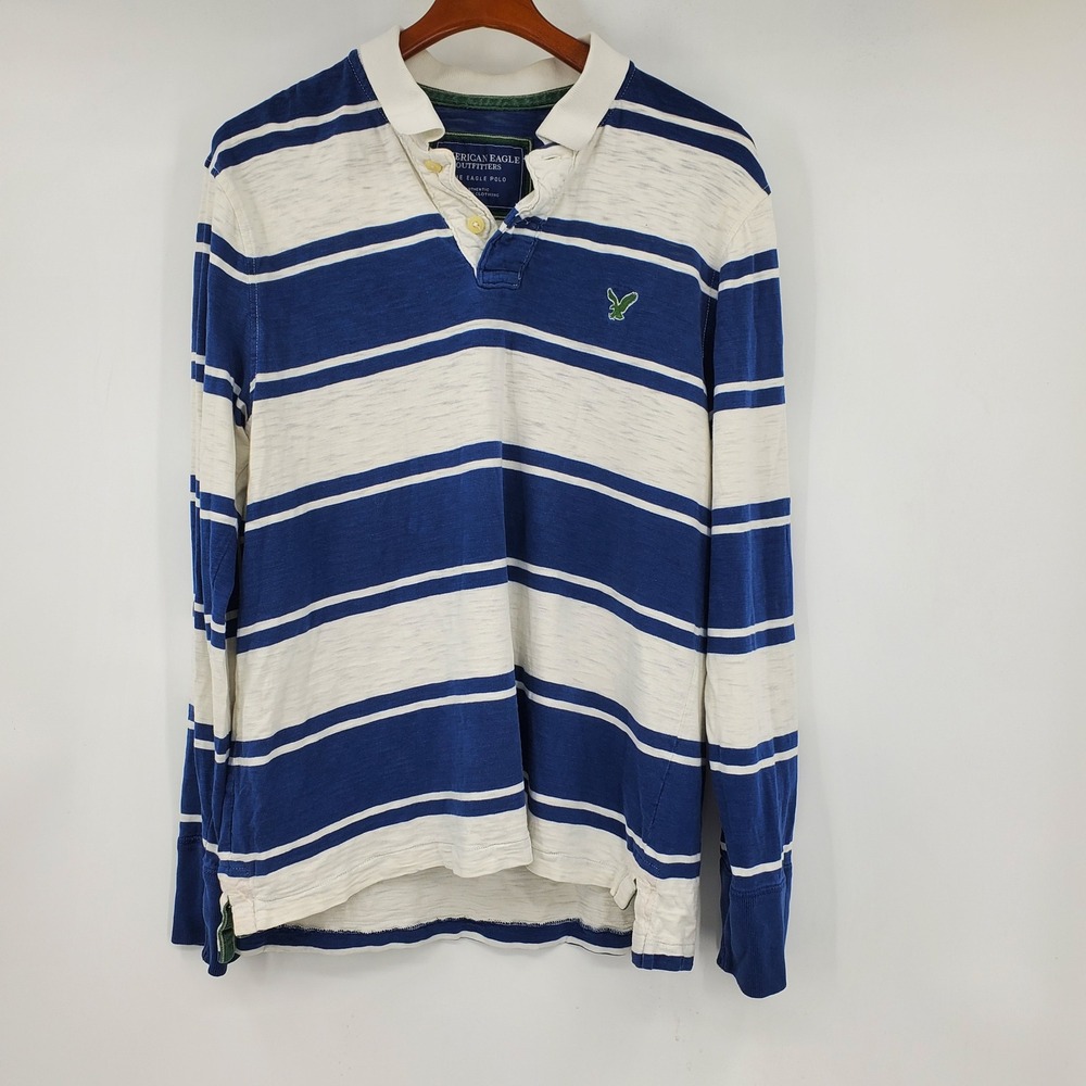 Vintage Y2K American Eagle Blue White Striped Rugby Polo Shirt Long Sleeve Men L